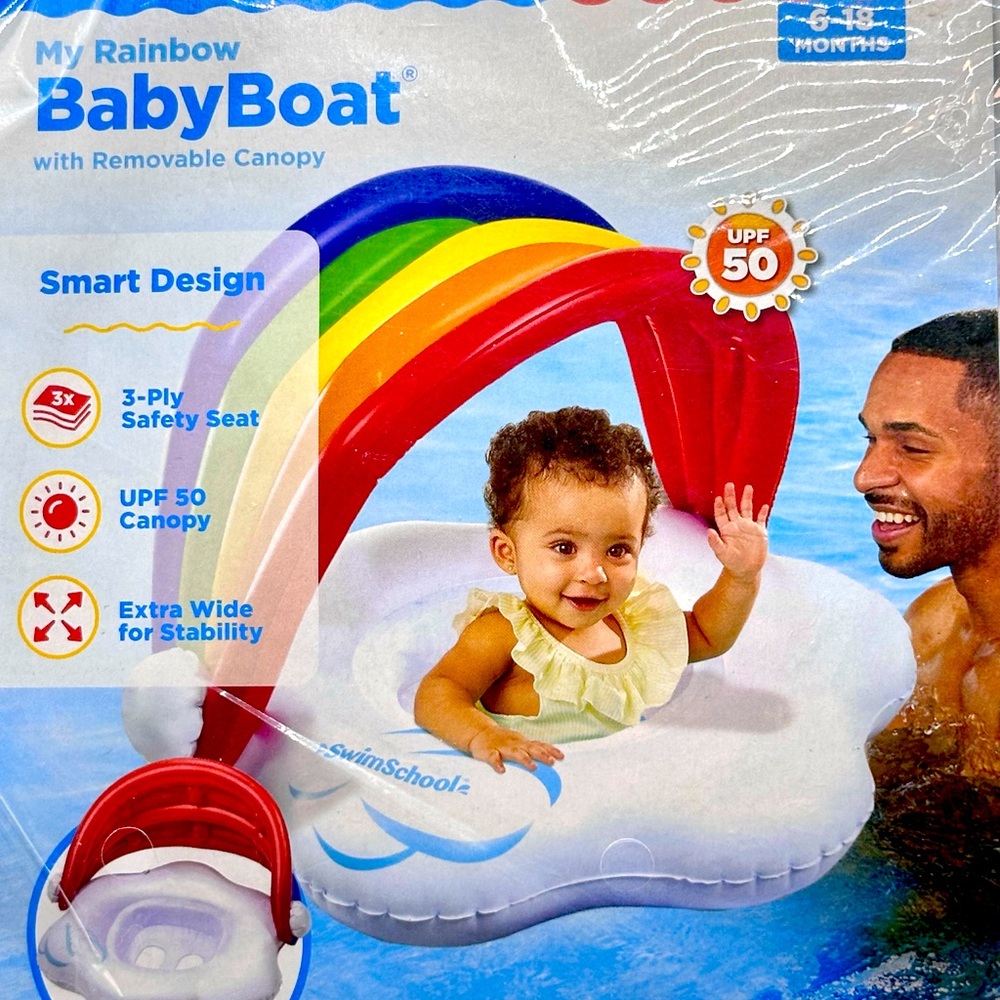 SwimSchool Rainbow Baby’s First Pool Float 6-18 Months Novelty Baby Boat Canopy